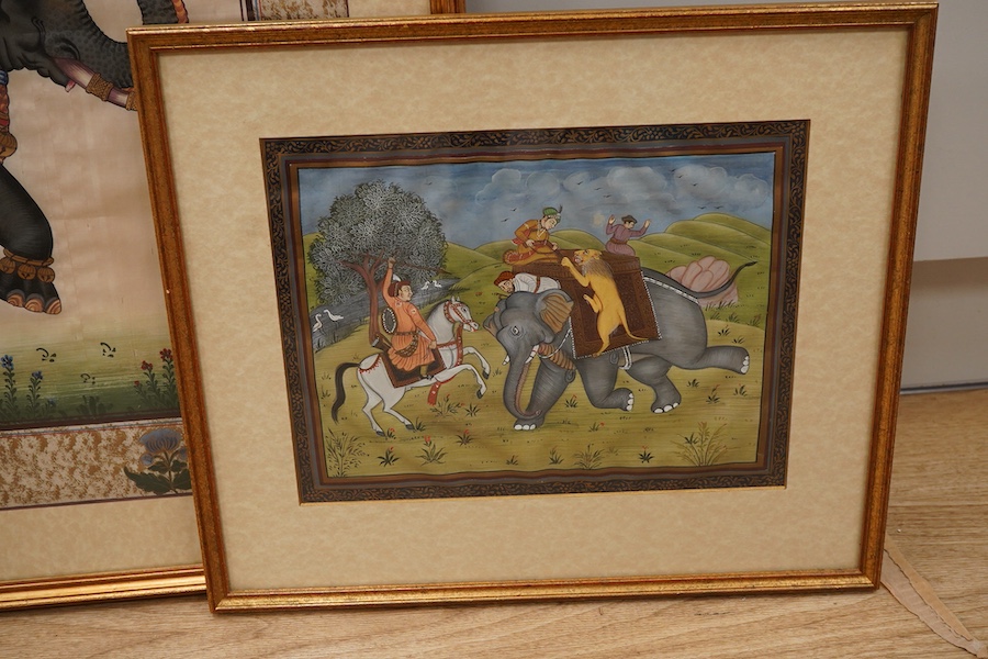 Indian School, Elephant hunting, pair of gouaches together with a similar study of an elephant, largest 49 x 57cm